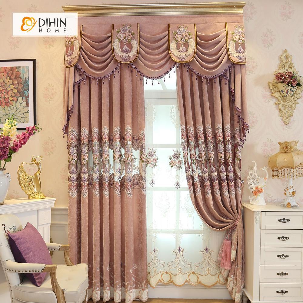 DIHINHOME Home Textile European Curtain DIHIN HOME Brown Exquisite Luxurious Embroidered Valance ,Blackout Curtains Grommet Window Curtain for Living Room ,52x84-inch,1 Panel
