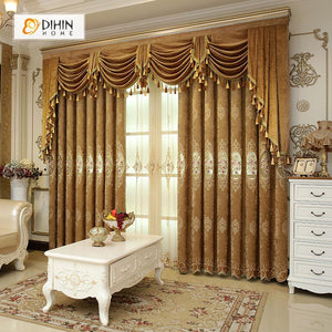 DIHINHOME Home Textile European Curtain DIHIN HOME Brown Noble Luxury Embroidered Valance ,Blackout Curtains Grommet Window Curtain for Living Room ,52x84-inch,1 Panel