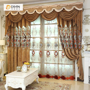 DIHINHOME Home Textile European Curtain DIHIN HOME Brown Velvet Exquisite Luxury Embroidered Valance ,Blackout Curtains Grommet Window Curtain for Living Room ,52x84-inch,1 Panel