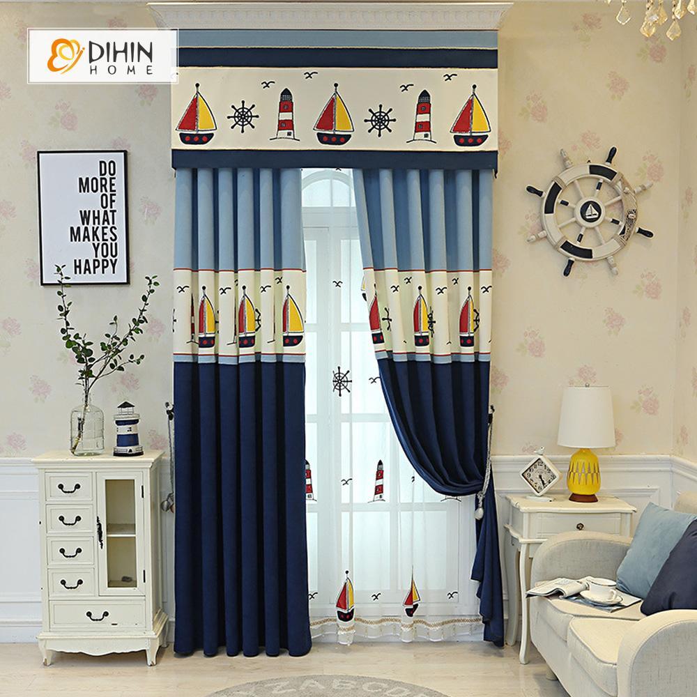 DIHINHOME Home Textile European Curtain DIHIN HOME Cartoon Children Boat Embroidered Valance,Blackout Curtains Grommet Window Curtain for Living Room ,52x84-inch,1 Panel