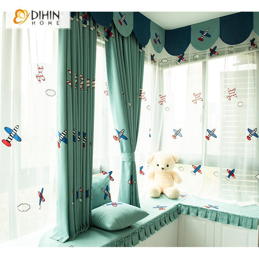 DIHINHOME Home Textile European Curtain DIHIN HOME Cartoon Plane Embroidered Valance ,Blackout Curtains Grommet Window Curtain for Living Room ,52x84-inch,1 Panel