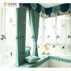 DIHINHOME Home Textile European Curtain DIHIN HOME Cartoon Plane Embroidered Valance ,Blackout Curtains Grommet Window Curtain for Living Room ,52x84-inch,1 Panel