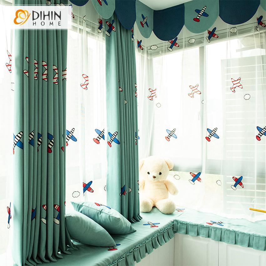 DIHINHOME Home Textile European Curtain DIHIN HOME Cartoon Plane Embroidered Valance ,Blackout Curtains Grommet Window Curtain for Living Room ,52x84-inch,1 Panel