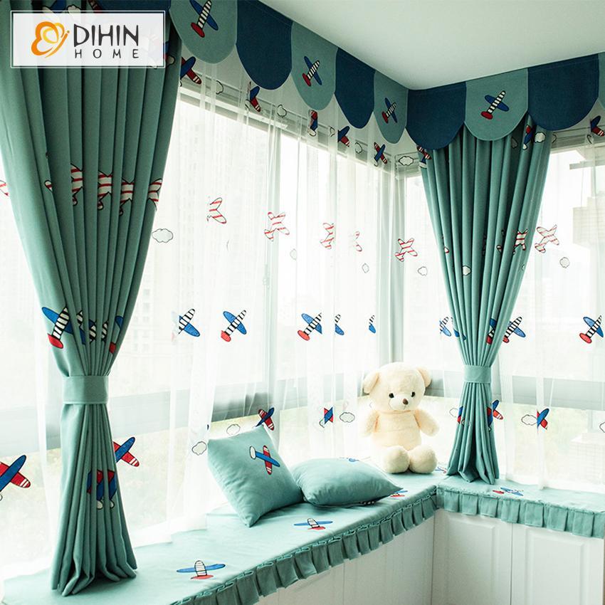 DIHINHOME Home Textile European Curtain DIHIN HOME Cartoon Plane Embroidered Valance ,Blackout Curtains Grommet Window Curtain for Living Room ,52x84-inch,1 Panel