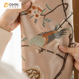 DIHINHOME Home Textile European Curtain DIHIN HOME Chinese-style Artificial Silk High-precision Birds Embroidered,Blackout Grommet Window Curtain for Living Room ,52x63-inch,1 Panel
