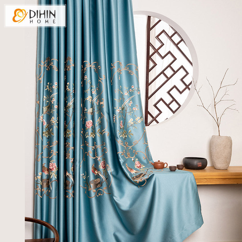 DIHINHOME Home Textile European Curtain DIHIN HOME Chinese-style Artificial Silk High-precision Blue Embroidery,Blackout Grommet Window Curtain for Living Room ,52x63-inch,1 Panel