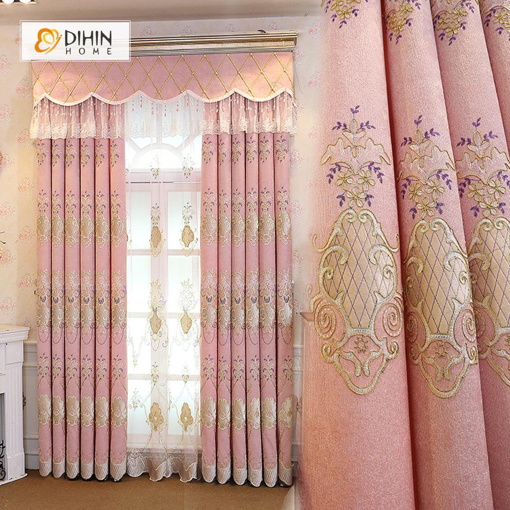 DIHINHOME Home Textile European Curtain DIHIN HOME Coffee Pattern Embroidered Pink Background,Blackout Curtains Grommet Window Curtain for Living Room ,52x84-inch,1 Panel