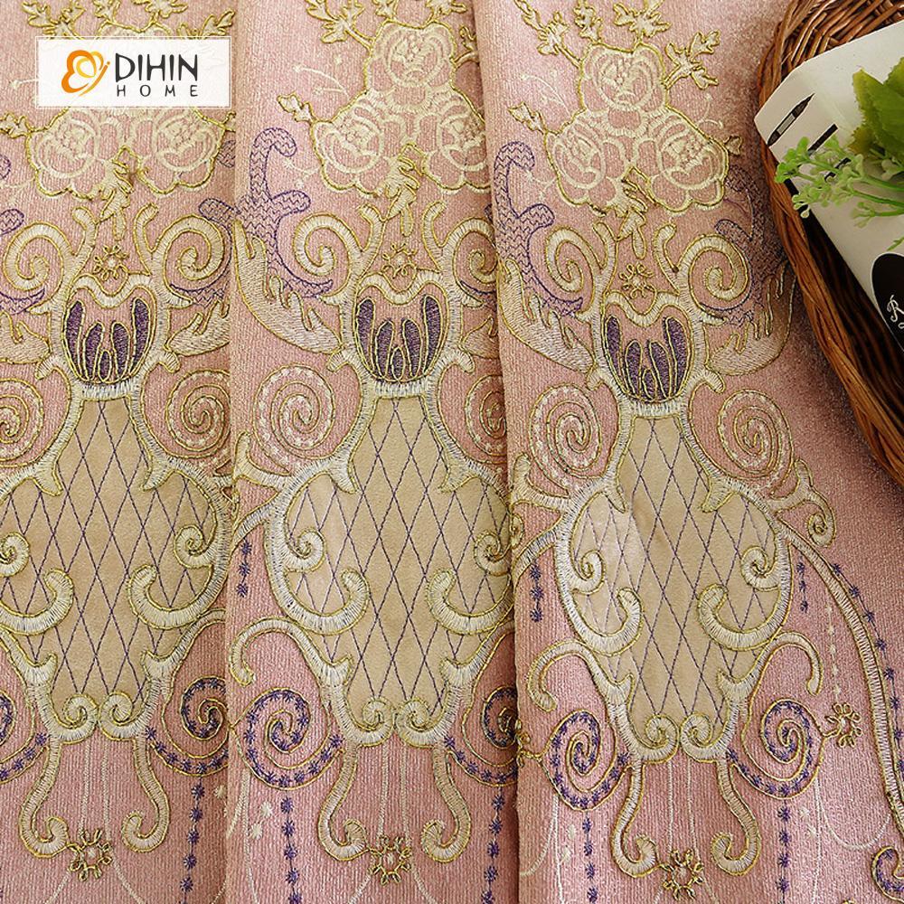 DIHINHOME Home Textile European Curtain DIHIN HOME Coffee Pattern Embroidered Pink Background,Blackout Curtains Grommet Window Curtain for Living Room ,52x84-inch,1 Panel