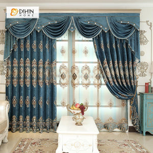 DIHINHOME Home Textile European Curtain DIHIN HOME Dark Blue Luxury Embroidered Valance ,Blackout Curtains Grommet Window Curtain for Living Room ,52x84-inch,1 Panel