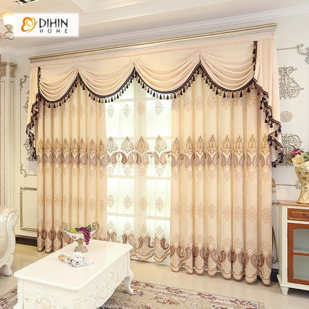 DIHINHOME Home Textile European Curtain DIHIN HOME Elegant Beige Embroidered Valance,Blackout Curtains Grommet Window Curtain for Living Room ,52x84-inch,1 Panel