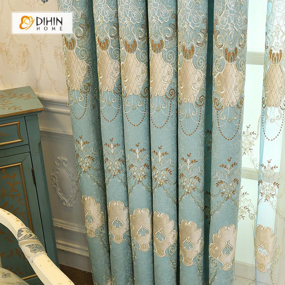 DIHINHOME Home Textile European Curtain DIHIN HOME Elegant Embroidered Light Blue Valance,Blackout Curtains Grommet Window Curtain for Living Room ,52x84-inch,1 Panel
