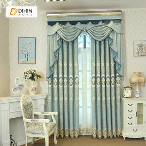 DIHINHOME Home Textile European Curtain DIHIN HOME Elegant Flowers Embroidered Blue Curtain,Blackout Curtains Grommet Window Curtain for Living Room ,52x84-inch,1 Panel