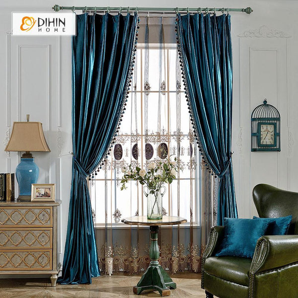 DIHIN HOME European Luxury Velvet Sapphire Blue Curtains,Blackout Grommet  Window Curtain for Living Room ,52x63-inch,1 Panel