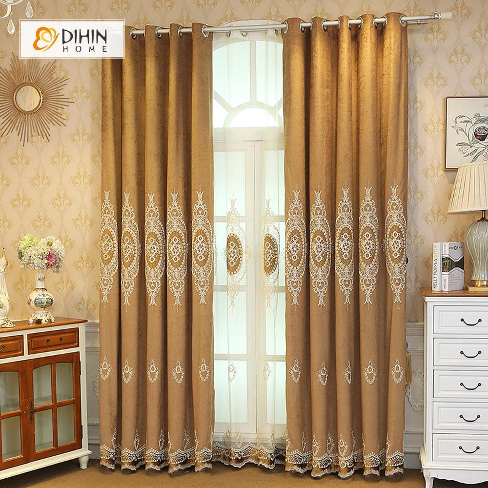 DIHINHOME Home Textile European Curtain DIHIN HOME Elegant White Embroidered Brown Valance ,Blackout Curtains Grommet Window Curtain for Living Room ,52x84-inch,1 Panel