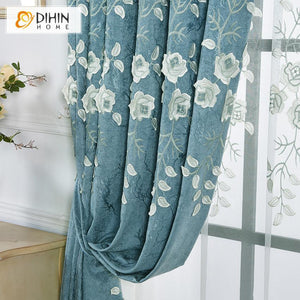 DIHINHOME Home Textile European Curtain DIHIN HOME Elegant White FLowers Embroidered,Blackout Curtains Grommet Window Curtain for Living Room ,52x84-inch,1 Panel