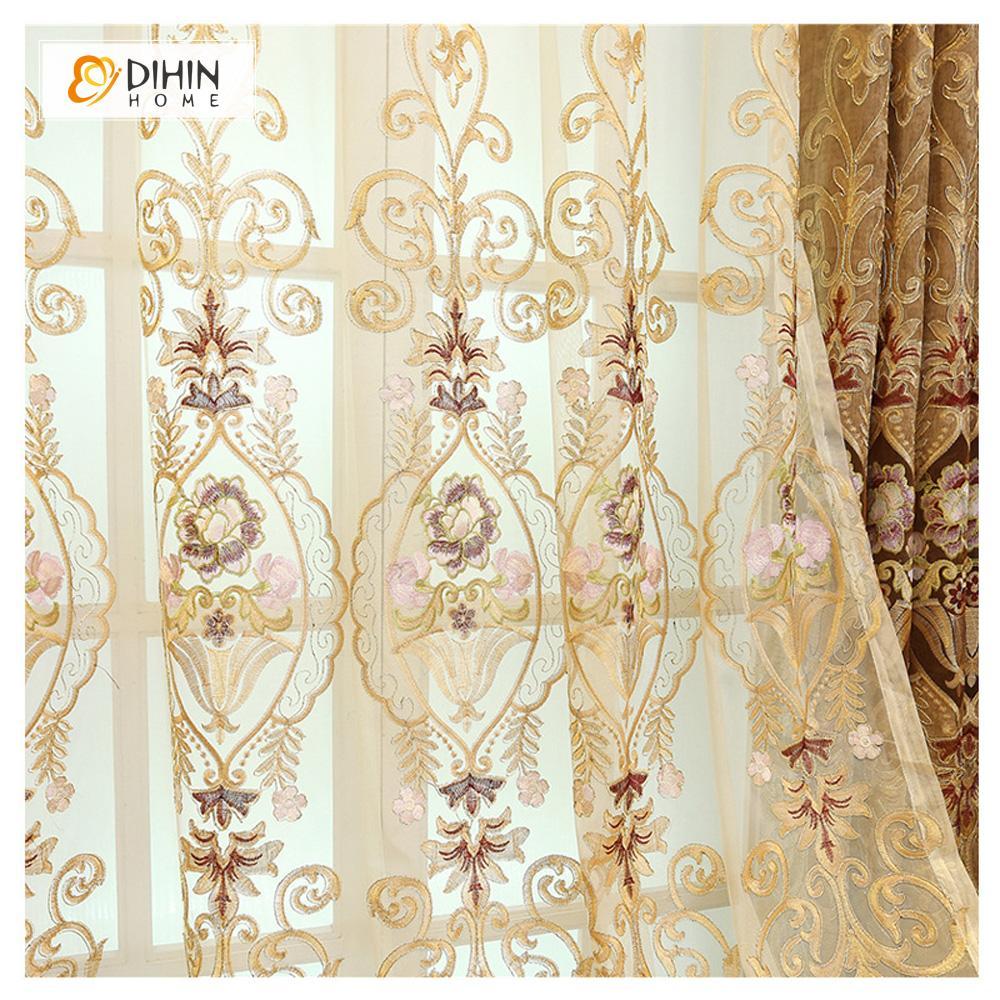 DIHINHOME Home Textile European Curtain DIHIN HOME Embroidered Brown Valance ,Blackout Curtains Grommet Window Curtain for Living Room ,52x84-inch,1 Panel