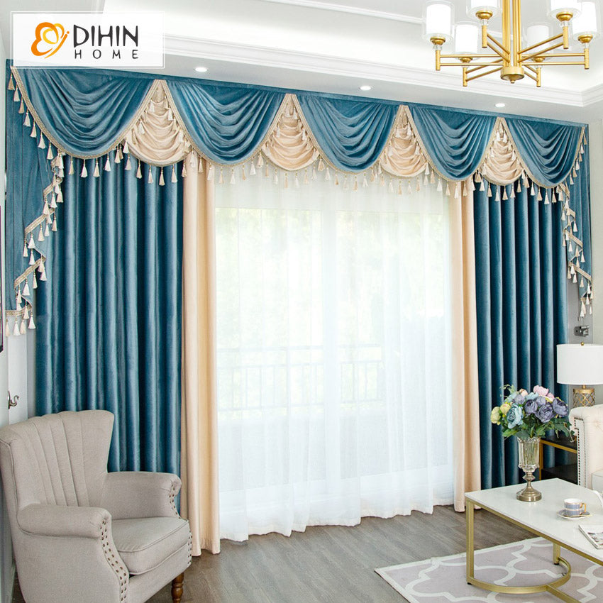 DIHINHOME Home Textile European Curtain DIHIN HOME European Blue and Beige Color Velvet Fabric Customized Valance ,Blackout Curtains Grommet Window Curtain for Living Room ,52x84-inch,1 Panel
