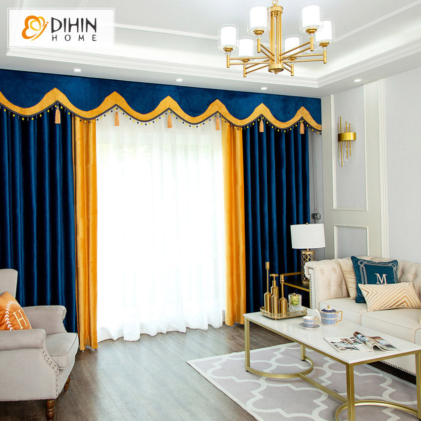 DIHINHOME Home Textile European Curtain DIHIN HOME European Blue and Yellow Color Velvet Fabric Customized Valance ,Blackout Curtains Grommet Window Curtain for Living Room ,52x84-inch,1 Panel