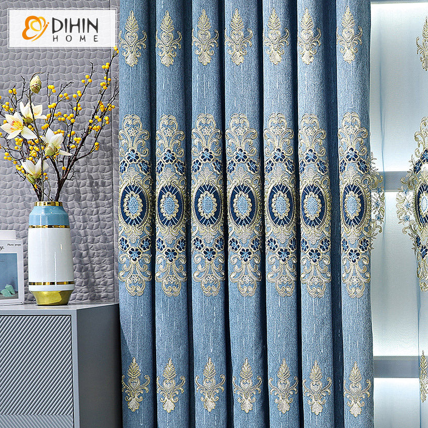 DIHINHOME Home Textile European Curtain DIHIN HOME European Blue Color Embroidered Curtains,Blackout Grommet Window Curtain for Living Room ,52x84-inch,1 Panel