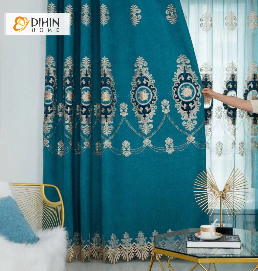 DIHIN HOME European Blue Color Embroidered Curtains,Grommet Window Curtain for Living Room ,52x63-inch,1 Panel