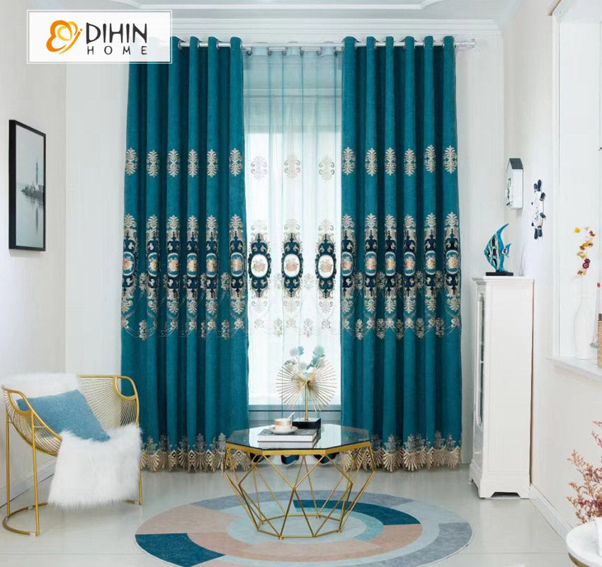 DIHIN HOME European Blue Color Embroidered Curtains,Grommet Window Curtain for Living Room ,52x63-inch,1 Panel