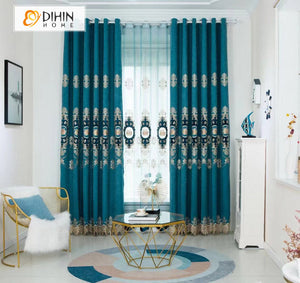 DIHIN HOME European Blue Color Embroidered Curtains,Grommet Window Curtain for Living Room ,52x63-inch,1 Panel