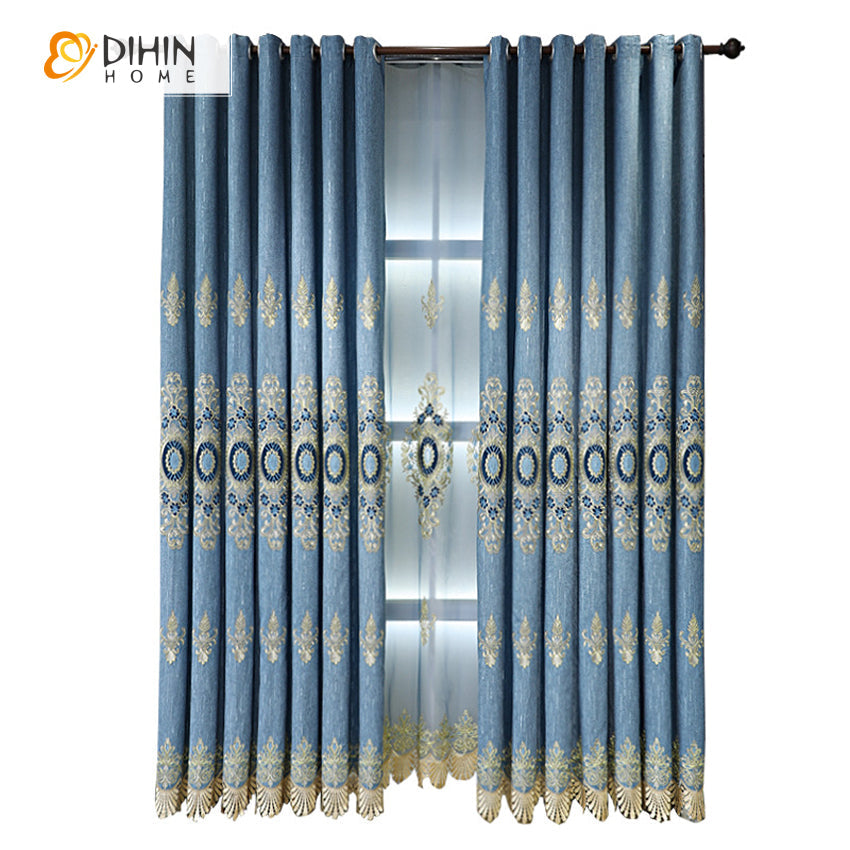 DIHINHOME Home Textile European Curtain DIHIN HOME European Blue Embroidered,Blackout Grommet Window Curtain for Living Room ,52x84-inch,1 Panel