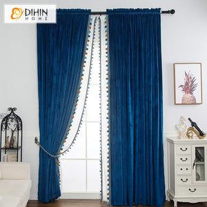 DIHINHOME Home Textile European Curtain DIHIN HOME European Blue Velvet Fabric,Blackout Grommet Window Curtain for Living Room ,52x63-inch,1 Panel