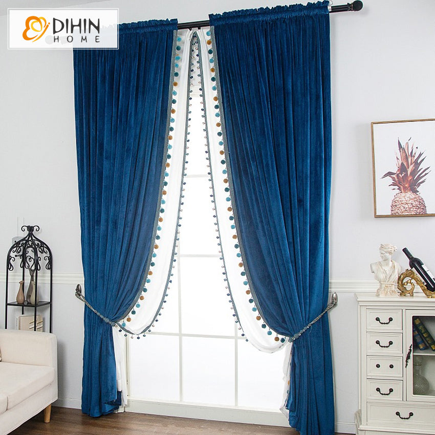DIHIN HOME European Blue Velvet Fabric,Blackout Grommet Window Curtain for Living Room ,52x63-inch,1 Panel