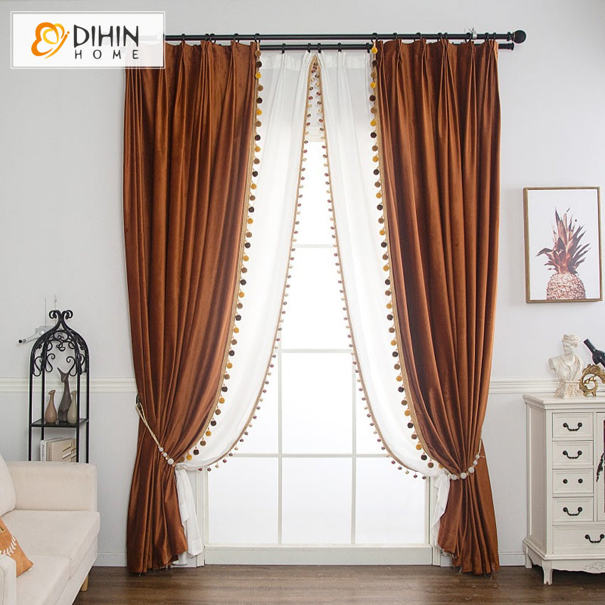 DIHIN HOME European Brown Velvet Fabric,Blackout Grommet Window Curtain for Living Room ,52x63-inch,1 Panel