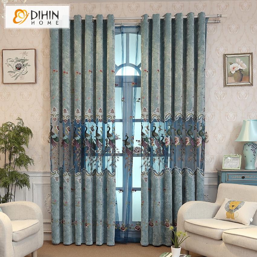 DIHIN HOME European Flower and Peacock Embroidered Valance ,Blackout Curtains Grommet Window Curtain for Living Room ,52x84-inch,1 Panel