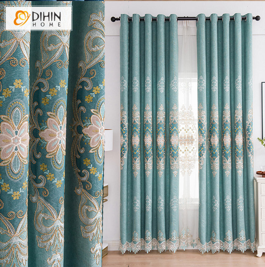 DIHINHOME Home Textile European Curtain DIHIN HOME European Green Color Embroidered Curtains,Blackout Grommet Window Curtain for Living Room ,52x84-inch,1 Panel