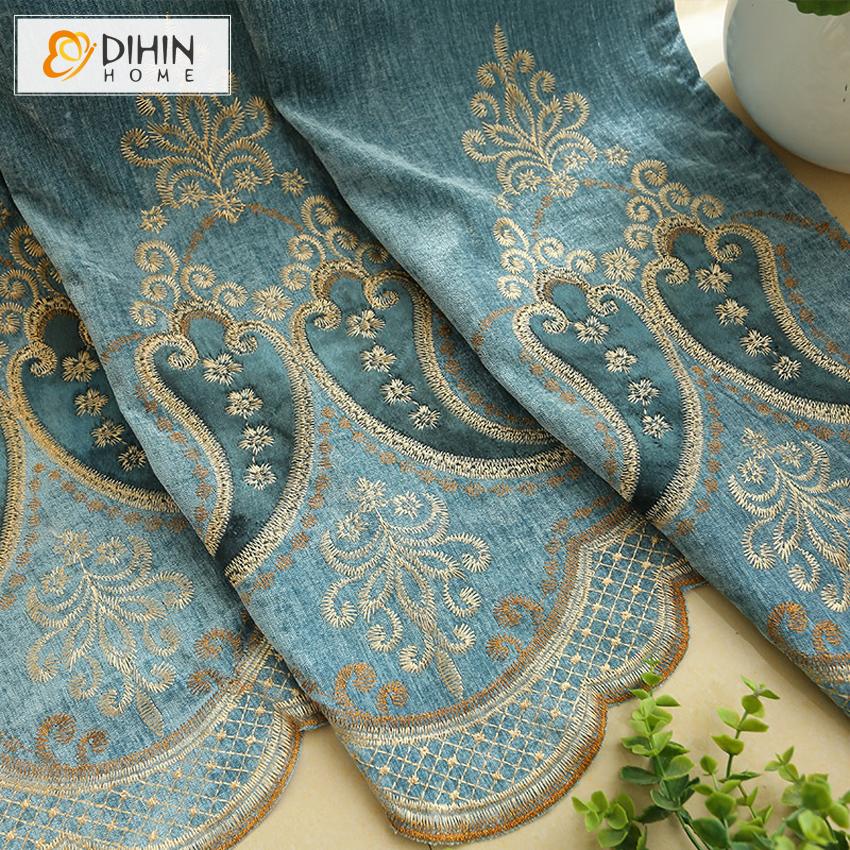 DIHIN HOME European High Quality Blue Color Embroidered Valance ,Blackout Curtains Grommet Window Curtain for Living Room ,52x84-inch,1 Panel