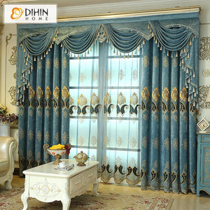 DIHIN HOME European High Quality Blue Color Embroidered Valance ,Blackout Curtains Grommet Window Curtain for Living Room ,52x84-inch,1 Panel