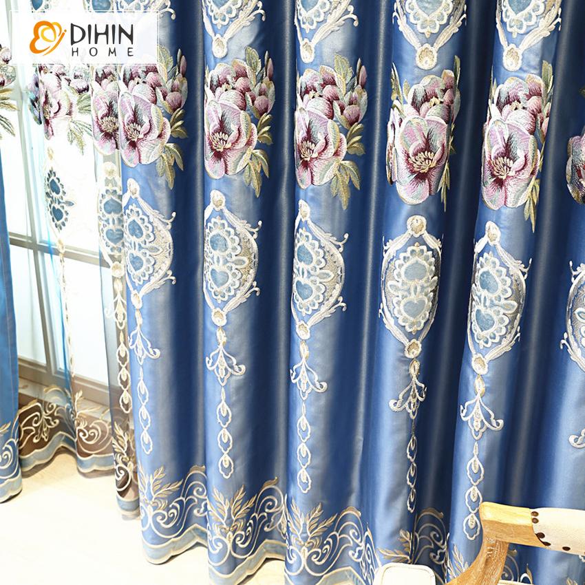 DIHIN HOME European Luxurious Blue Color Embroidered ,Blackout Curtains Grommet Window Curtain for Living Room ,52x84-inch,1 Panel