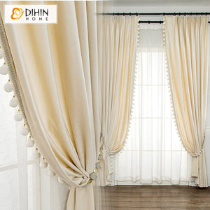 DIHIN HOME European Luxury Beige Color Velvet Fabric With Trims,Blackout Grommet Window Curtain for Living Room,1 Panel