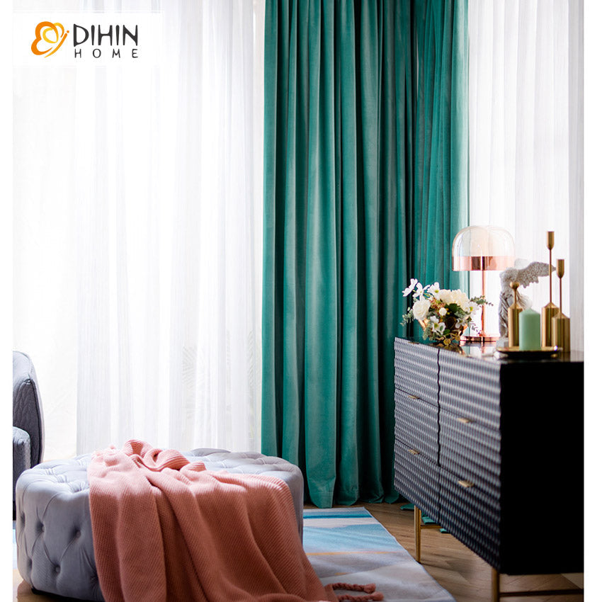 DIHIN HOME European Luxury Bluish Green Color Velvet Fabric,Blackout Curtains Grommet Window Curtain for Living Room,52x63-inch,1 Panel