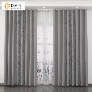 DIHINHOME Home Textile European Curtain DIHIN HOME European Luxury Cotton Linen Blue Flower Embroidered,Blackout Grommet Window Curtain for Living Room ,52x63-inch,1 Panel