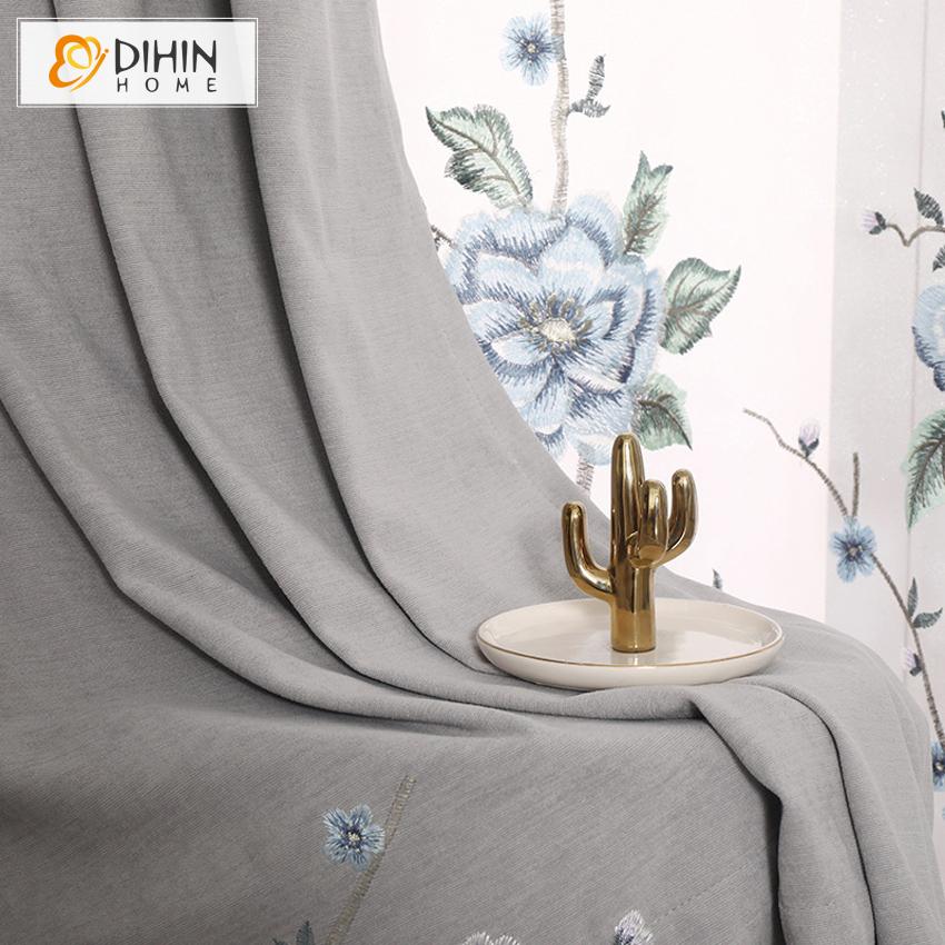 DIHINHOME Home Textile European Curtain DIHIN HOME European Luxury Cotton Linen Blue Flower Embroidered,Blackout Grommet Window Curtain for Living Room ,52x63-inch,1 Panel