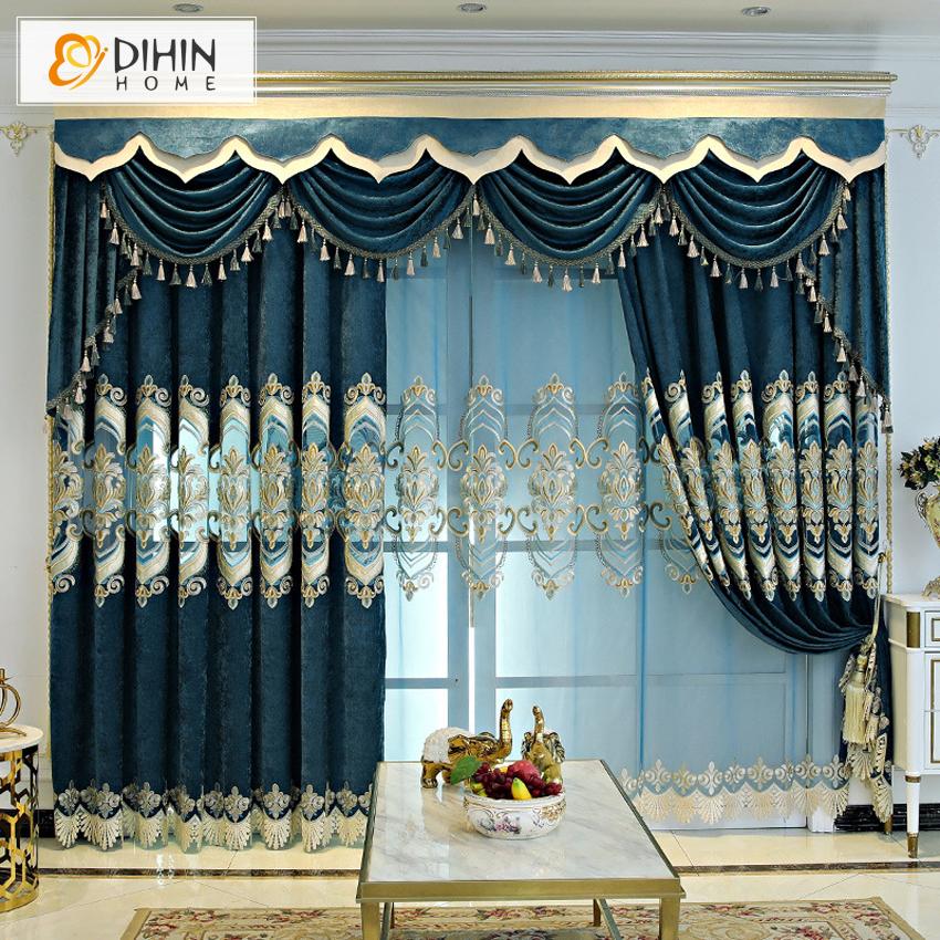 DIHIN HOME European Luxury Embroidered Blue Valance ,Blackout Curtains Grommet Window Curtain for Living Room ,52x84-inch,1 Panel