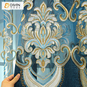 DIHIN HOME European Luxury Embroidered Blue Valance ,Blackout Curtains Grommet Window Curtain for Living Room ,52x84-inch,1 Panel