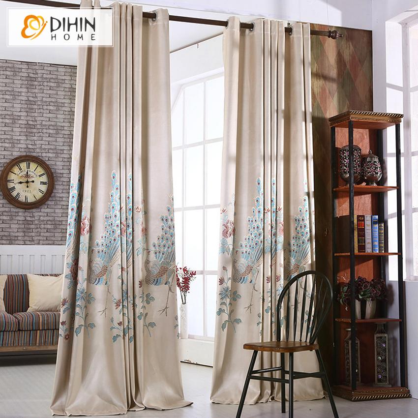 DIHIN HOME European Luxury Embroidered Peacocks,Blackout Grommet Window Curtain for Living Room ,52x63-inch,1 Panel