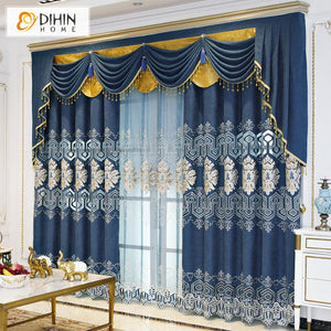 DIHIN HOME European Luxury Geometry Blue Color Embroidered Valance ,Blackout Curtains Grommet Window Curtain for Living Room ,52x84-inch,1 Panel
