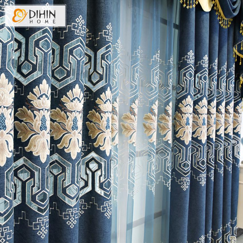 DIHIN HOME European Luxury Geometry Blue Color Embroidered Valance ,Blackout Curtains Grommet Window Curtain for Living Room ,52x84-inch,1 Panel