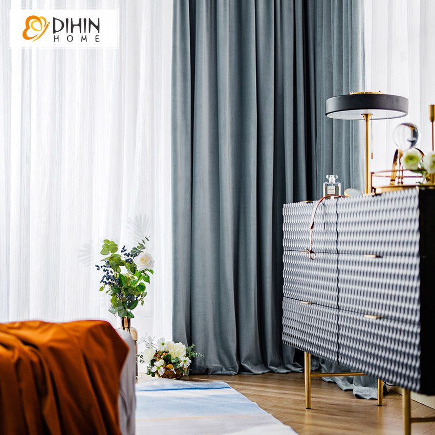 DIHIN HOME European Luxury Grey Color Velvet Fabric,Blackout Curtains Grommet Window Curtain for Living Room,52x63-inch,1 Panel