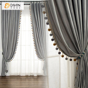 DIHIN HOME European Luxury Grey Color Velvet Fabric With Trims,Blackout Grommet Window Curtain for Living Room,1 Panel