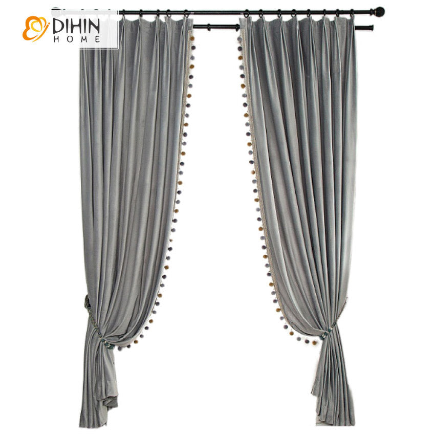 DIHINHOME Home Textile European Curtain DIHIN HOME European Luxury Grey Color Velvet Fabric With Trims,Blackout Grommet Window Curtain for Living Room,1 Panel