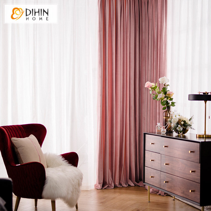 DIHIN HOME European Luxury Pink Color Velvet Fabric,Blackout Curtains Grommet Window Curtain for Living Room,52x63-inch,1 Panel