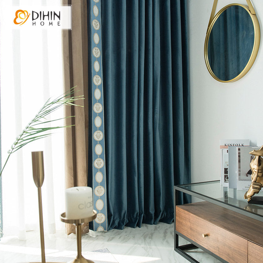 DIHINHOME Home Textile European Curtain DIHIN HOME European Luxury Velvet Fabric Emboridered With Lace,Blackout Grommet Window Curtain for Living Room ,52x63-inch,1 Panel