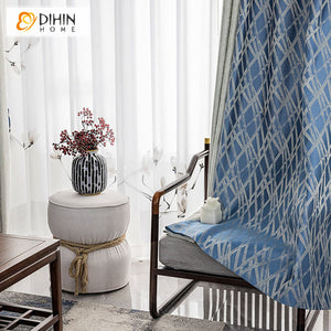 DIHINHOME Home Textile European Curtain DIHIN HOME European Pastoral Blue Geometric Strips Jacquard,Blackout Grommet Window Curtain for Living Room ,52x63-inch,1 Panel